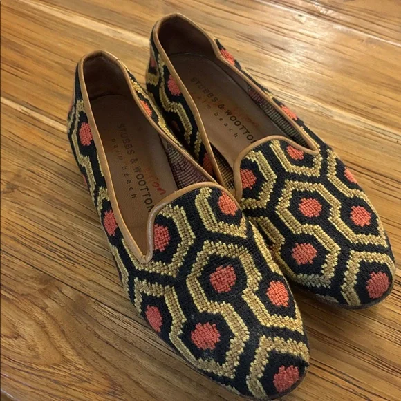 Stubbs & Wootton Needlepoint Geometric Black and Gold Loafers - Picture 1 of 6